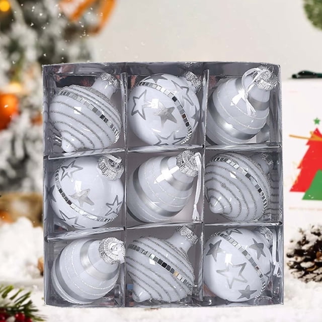 Juego de 9 bolas navideñas blancas para decorar el árbol de Navidad. Diversos estilos de adornos navideños. También se pueden usar para otras fiestas.