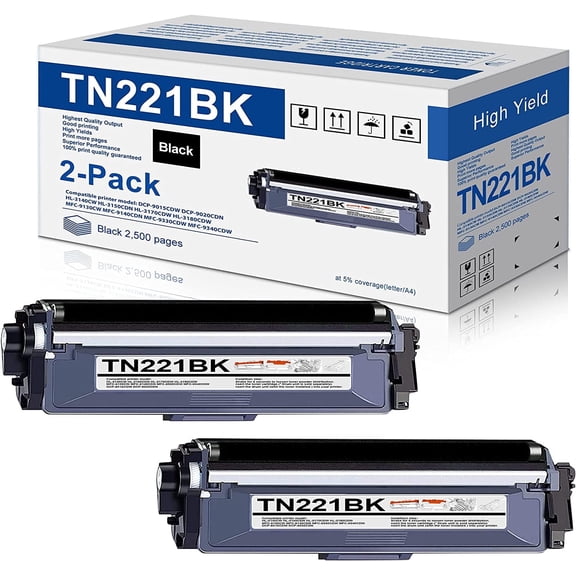 2-Pack TN221BK TN-221 Black Toner Cartridge Compatible for Brother TN221 TN-221BK MFC-9130CW HL-3170CDW HL-3140CW MFC-9330CDW Printer