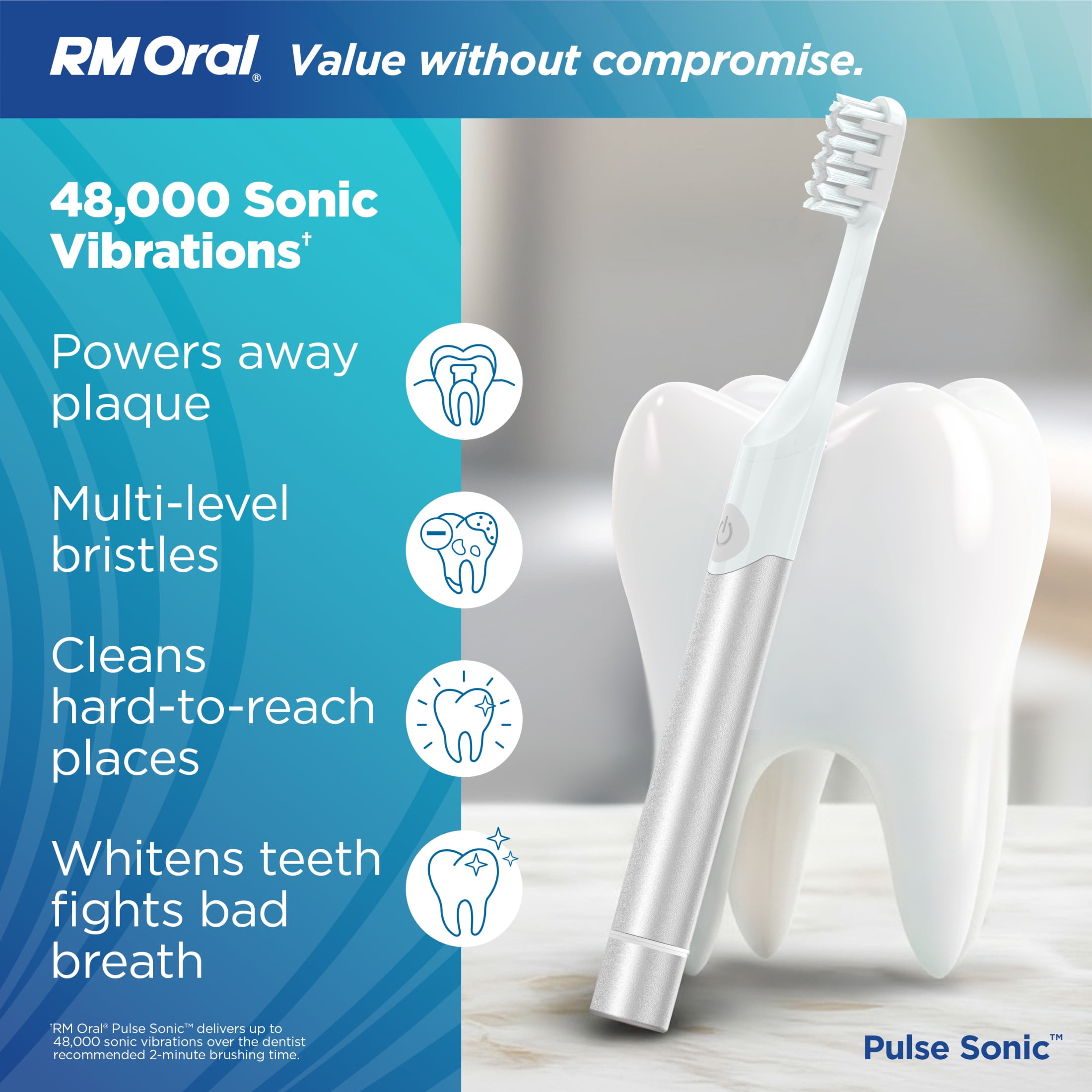 RM ORAL Pulse Sonic Powered Toothbrush, Metal Handle, Case, Soft - Silver