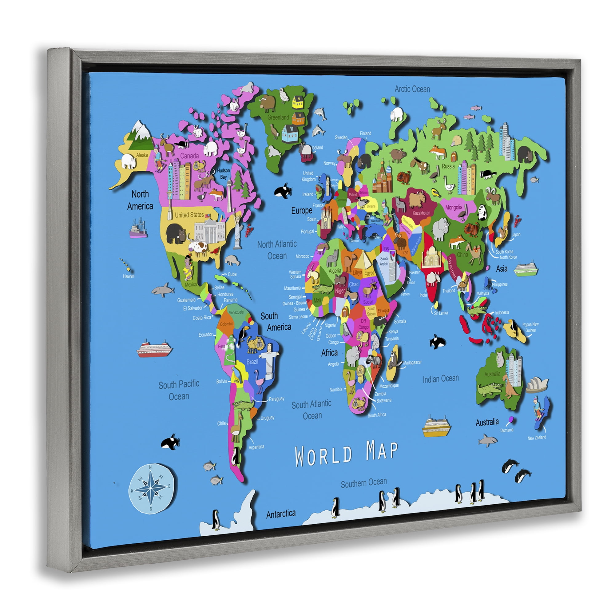Stupell Industries Educational World Map Town & City Painting Gray Floater Framed Art Print Wall Art, 21 x 17