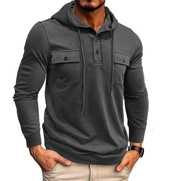 pstuiky camisas de manga larga para hombre, Sudadera con capucha para hombre, con botones sólidos, para entrenamiento, con múltiples bolsillos, para deportes al aire libre camisetas de hombre m