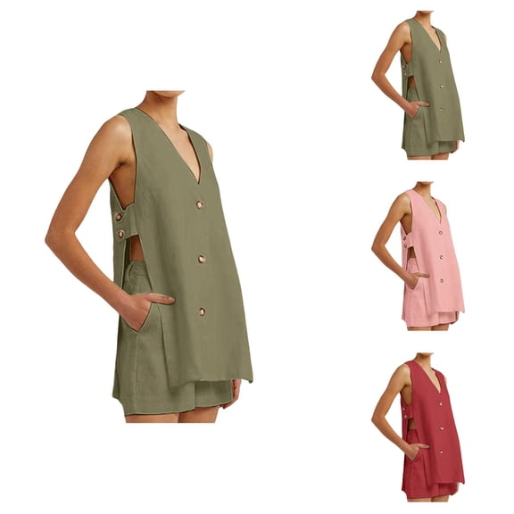 Short Sets for Women Linen Sleeveless V Neck Button Tank Top and Shorts 2 Piece Matching Set Beach Vacation Sets