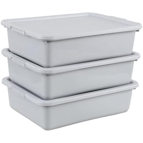 3-Pack 13 L Plastic Bus Tub Box, Commercial Bus Tub with Lid, Grey