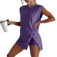 thumbnail image 2 of Women's 2025 Casual Summer Short Home Two-Piece Set of Pure Cotton Crewneck Sleeveless T-shirt Shorts Sportswear Sets (Dark Purple,S), 2 of 9
