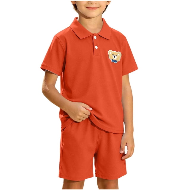 Odeerbi Niños 2 Piezas Preppy Outfit Oso Bordado Tenis Camisa de Golf y Pantalones Cortos Conjunto de Uniforme Escolar