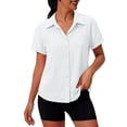 thumbnail image 2 of YVNAURA Women's Plus Size Button Down Roll Up Cuffed Short Sleeve Shirt Casual Collared Blouse Summer Lightweight Breathable Wrinkle Free Tops for Curvy Women Office Daily Wear, White,L, 2 of 5
