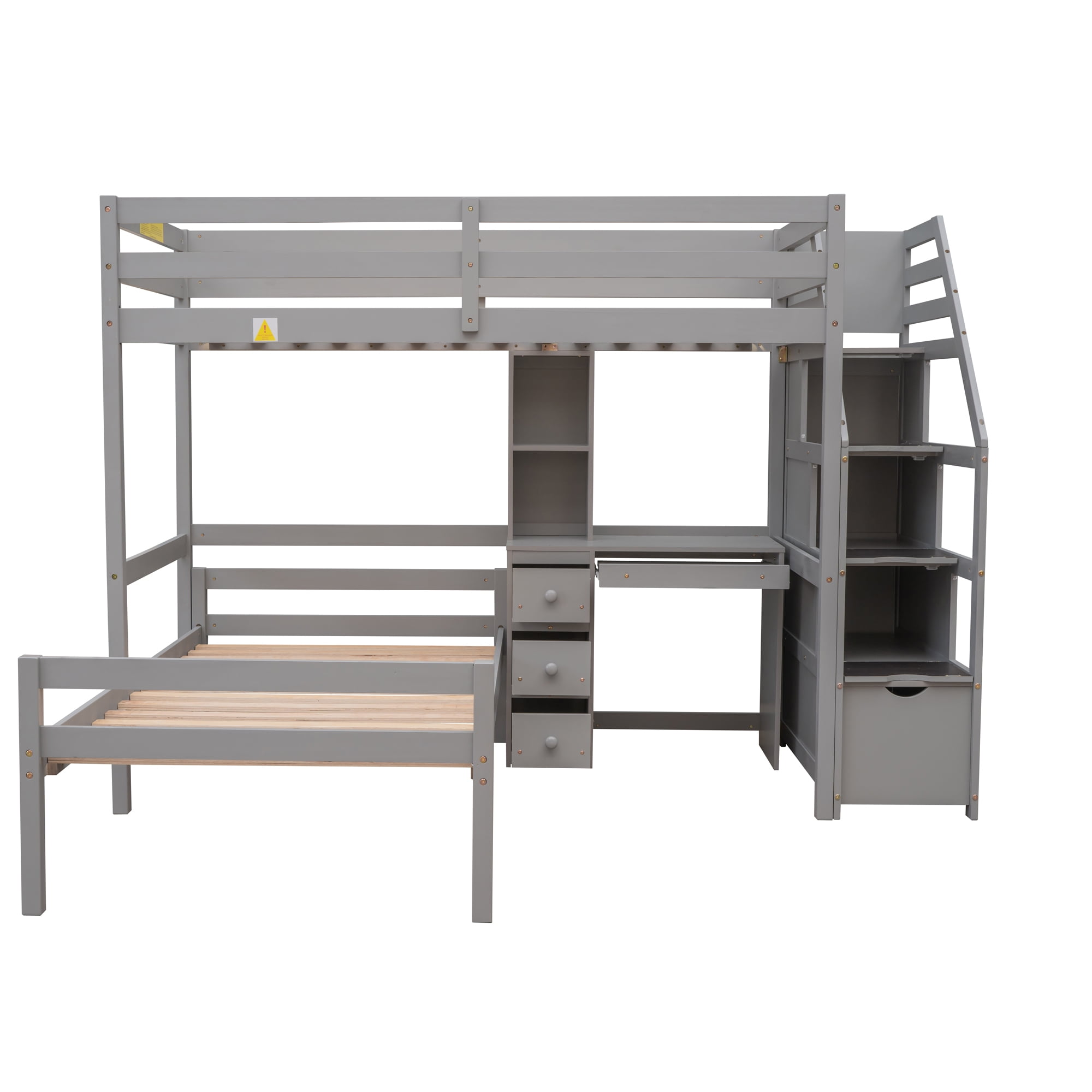 Euroco Wood Twin Size Bunk Loft Bed with Desk, Drawers and Shelf for Bedroom, Gray