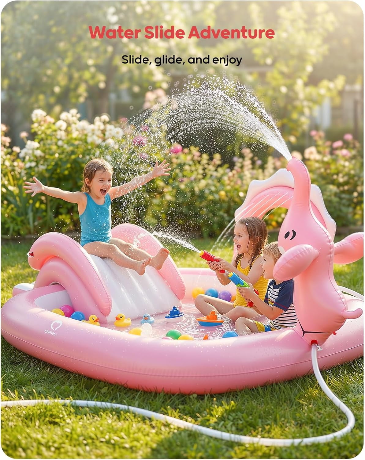 Elephant Kids Pool with Slide and Sprinkler, Inflatable Play Center with 4 Rings, 72 × 64 × 37 in, Fast Inflation Kiddie Pool for Garden & Backyard, Birthday Gift for Ages 1+ (Pink)