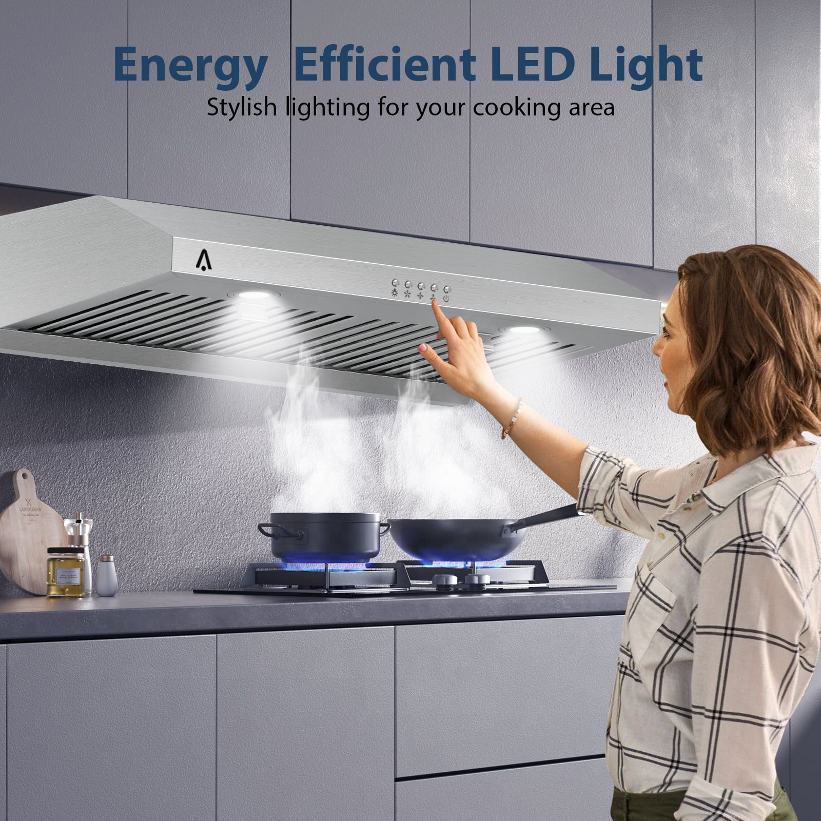 Aoile 30" Range Hood Under Cabinet with Baffle Filters, 400 CFM Kitchen Exhaust Hood w/3 Speed, LED Lights, Button Control, 110V, Silver