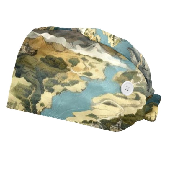 Map Block Adjustable Women Working Caps with Buttons One Size Fits All, 2 Packs
