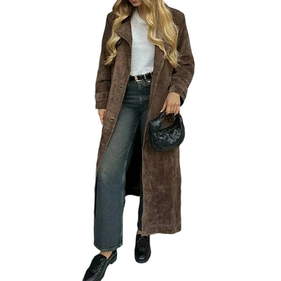 Women Suede Jackets Lapel Button Belted Outwear Vintage for Fall Winter Long Walking Coat Coffee L