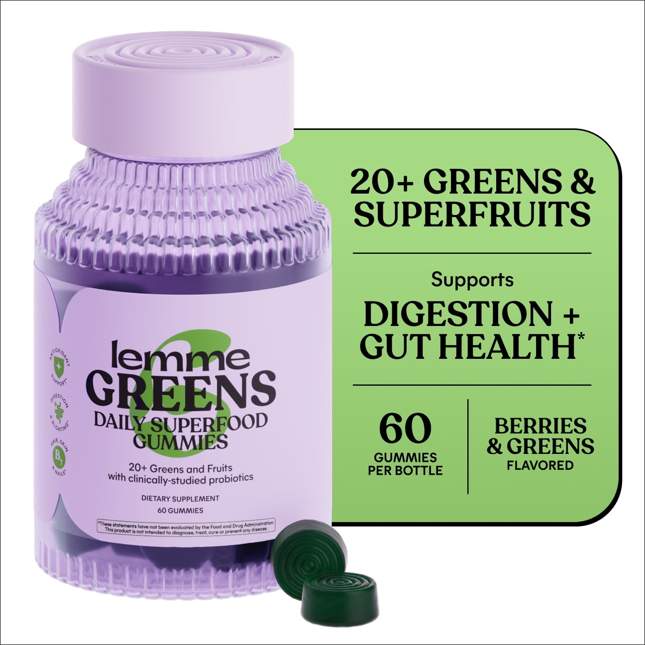 Lemme Greens Daily Superfood Gummies with Probiotics, Berries & Greens Flavored, 60 Count