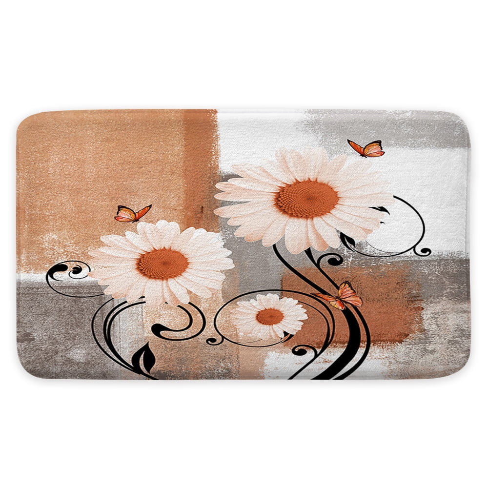 Rustic Farmhouse Flowers Bath Rug,Farm Teal Daisy Floral and Butterfly on Country Bath Mat,Orange Kitchen Rug Floor Mat Soft Non Slip Runner Carpet Indoor Doormat,19X31in
