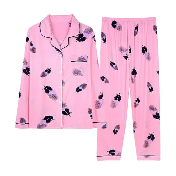 Posijego Women's Pjs Set Printed Button down Long Sleeve Shirt and Wide Leg Pants Pajamas Loungewear Sets