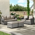 thumbnail image 4 of Poteban Patio Furniture Set, 5 Pieces Outdoor Sectional Sofa Set, All-Weather Wicker Rattan High Back Outdoor Conversation Set with Ottoman for Poolside, Backyard, Grey Wicker Khaki Cushion, 4 of 9