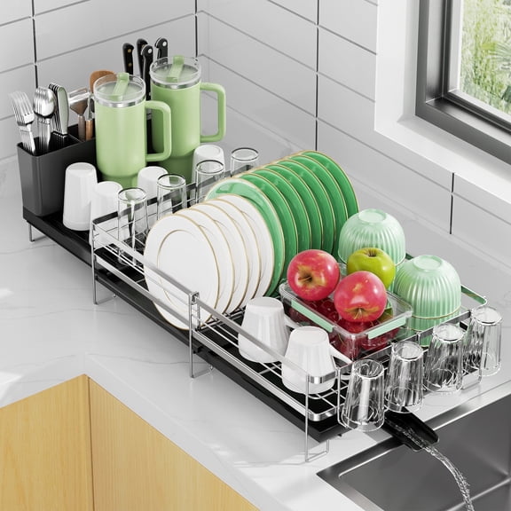 ORDORA Dish Drying Rack - Extendable Dish Rack Kitchen Drainer Set, Multifunctional Dish Drainer with Drainboard Set, Dish rack with Utensil Holder & Cup Holder, 13.4"-28.7" L x 11.8" W