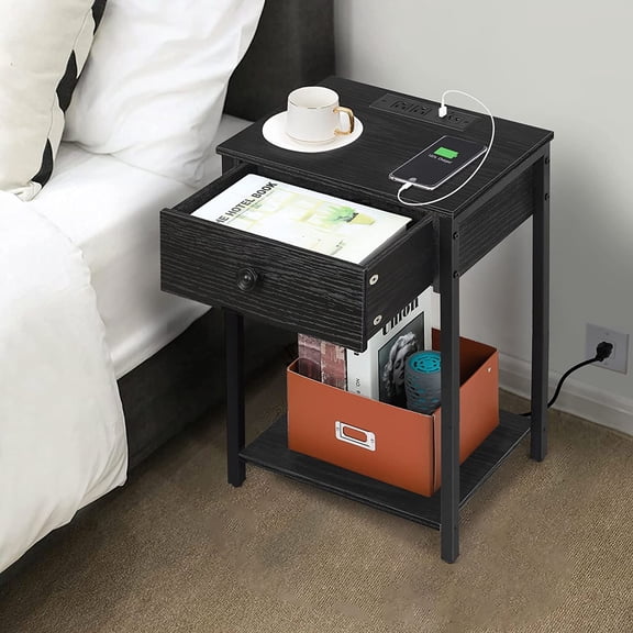 Oumilen Adult Modern Nightstand with Plug Drawer Three USB Models, Black