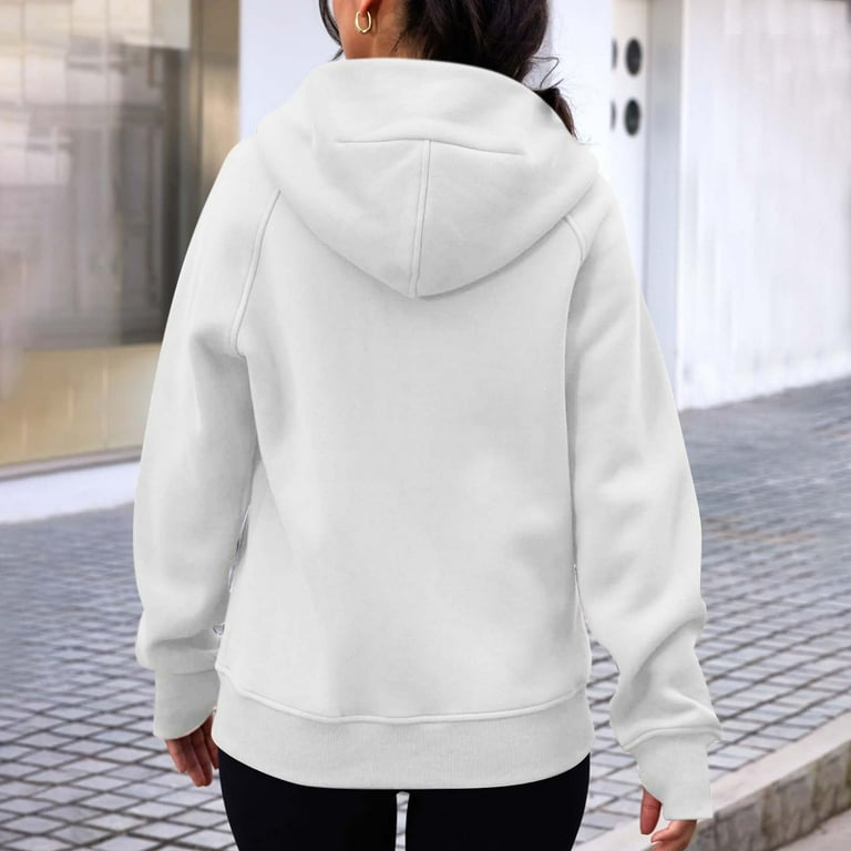 QIPOPIQ Women's Zip up Hoodie Jackets Solid Sweatshirt Sweatshirts Zipper  Neck Tops Long Sleeve Solid Hoodies Pockets Sweatshirt Clearance White M