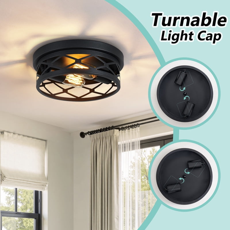 HKMGT Industrial Round Diamond Grid 2-Light Flush Mount Ceiling Light, Matte Black, E26 Base, for Kitchen Hallway Entryway (Bulbs Not Included)