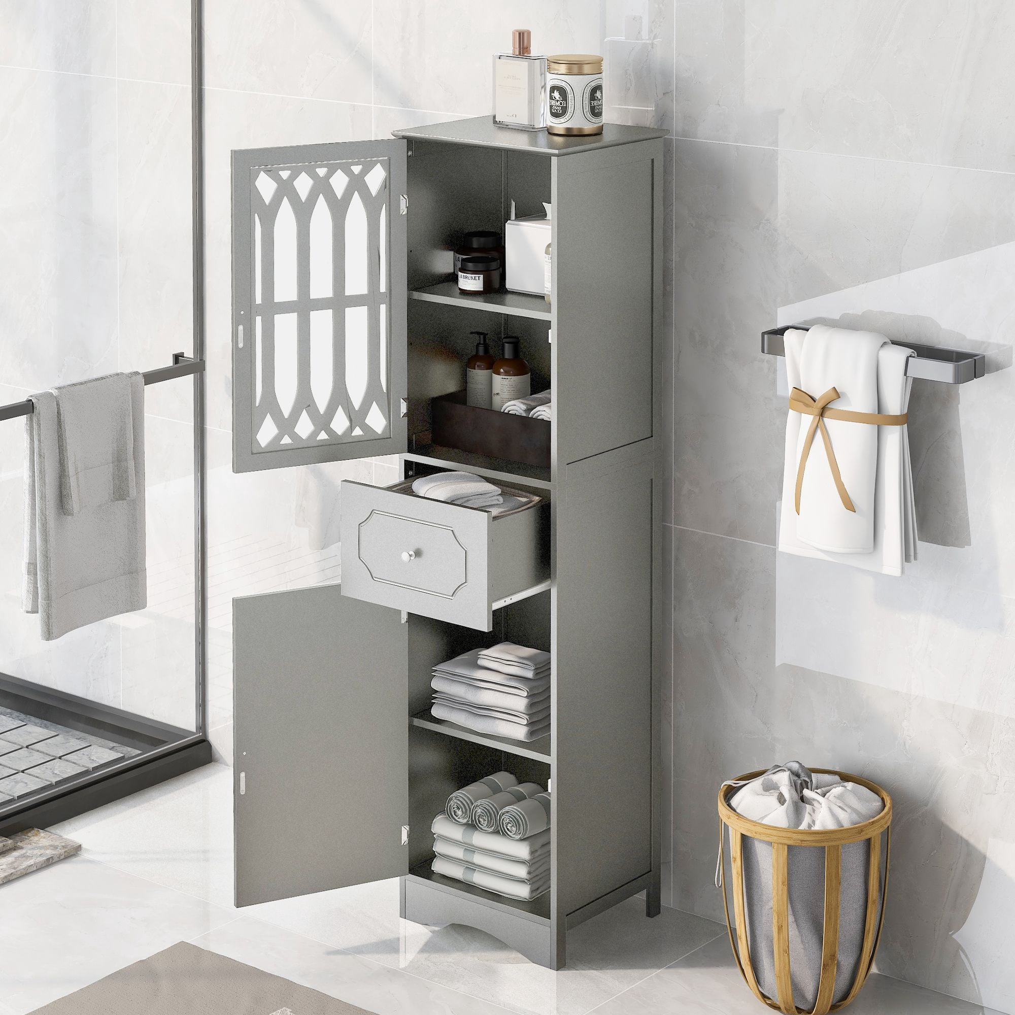 DEALTOPS Modern Bathroom Cabinet with Drawer and 2 Cabinets, Slim Freestanding Storage Cabinet with adjustable shelf for Bathroom - Gray