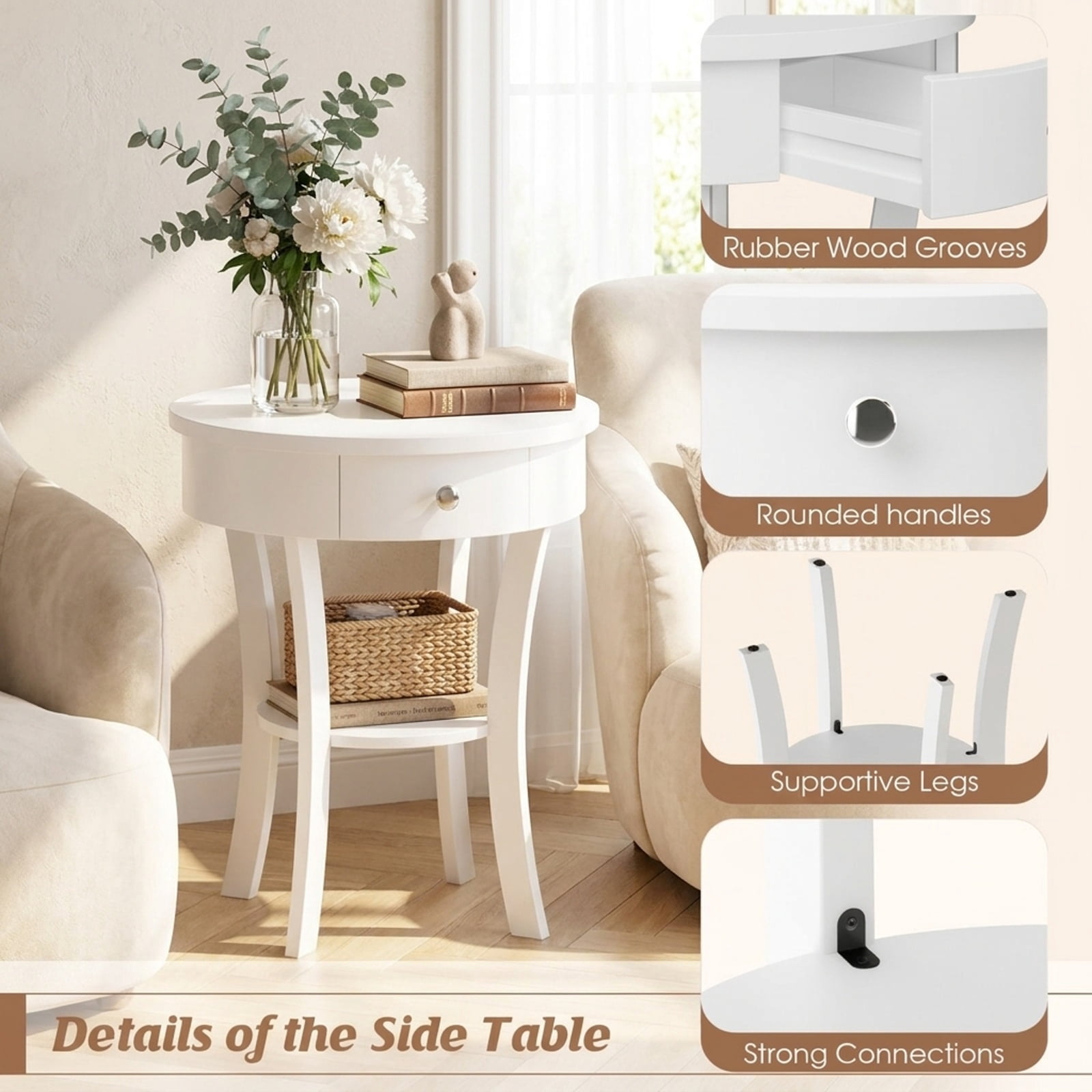 Furnibear 2 Tier Round End Table with Open Drawer and Bottom Shelf and Rubber Wood Legs for Living Room Bedroom and Sofa Side Storage, White