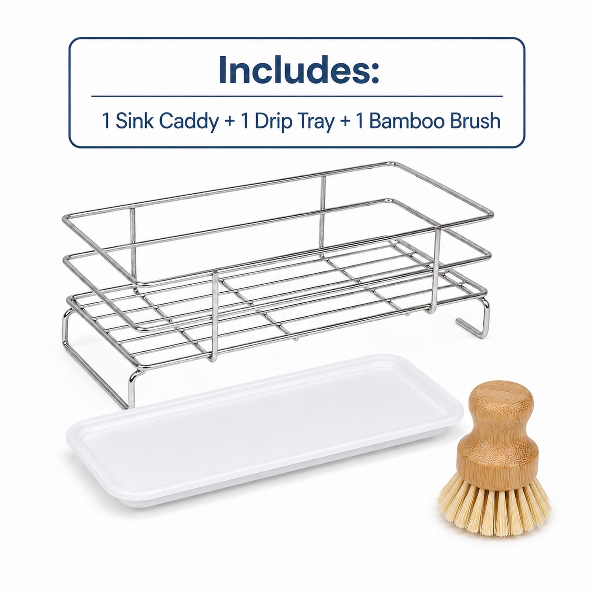 Stainless Steel Kitchen Sink Caddy with Removable Drip Tray and Bamboo Brush, Sponge and Soap Countertop Organizer