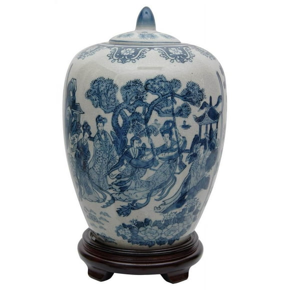 Oriental Furniture 11" Ladies Blue & White Porcelain Vase Jar, decorative item, end table item