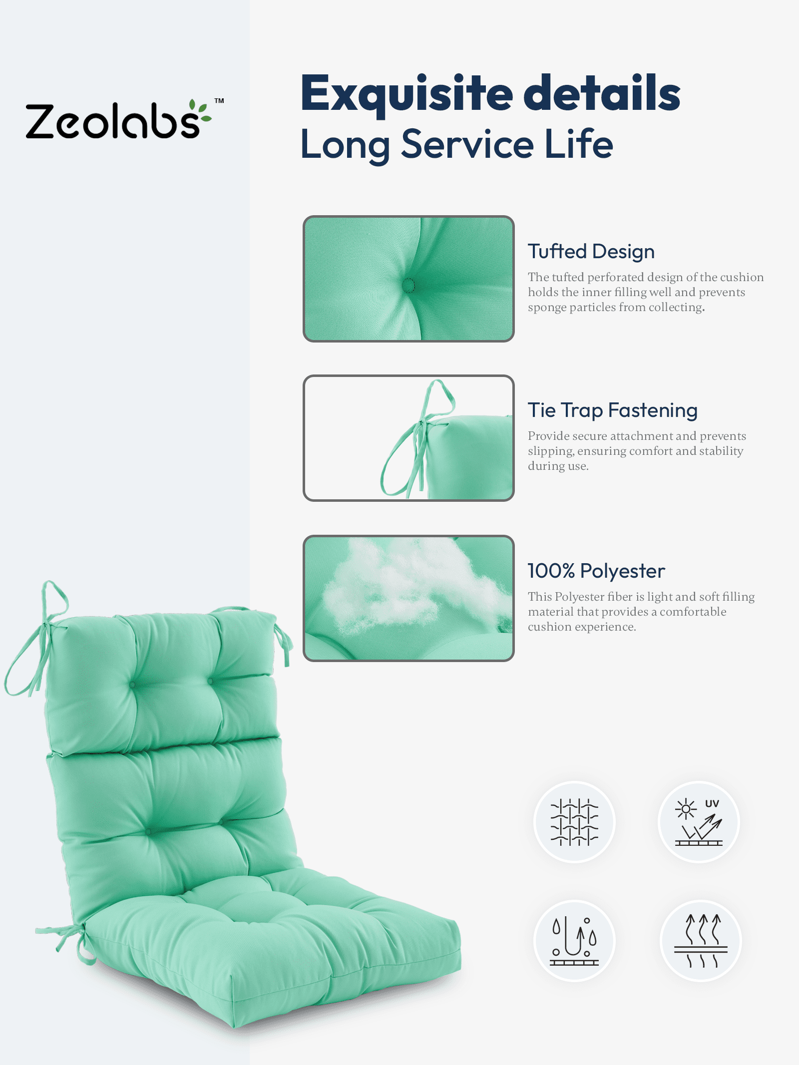 ZEOLABS Outdoor High Back Chair Cushions Set of 2,Waterproof Tufted Lawn Adirondack,Rocking Chair Seat Cushions with Ties for Patio Furniture, 45x28 Inch, Aqua Blue