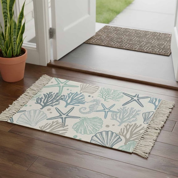 Aqua Teal Coastal Bathroom Rug 2'x3', Summer Beach Starfish Coral Nautical Low Profile Front Entryway Rug with Tassels, Woven Cotton Washable Kitchen Mat Carpet for Foyer Bedroom Back Door Decor