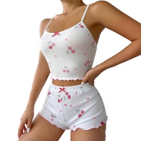 Tweang Camisole Shorts Set camisole nightshirt Spaghetti Strap Sleepwear Cami Shorts Pajamas Cami Top Loose Shorts Sleepwear set Matching Cami Short V Neck Pjs Set Going Out Sleepwear White L