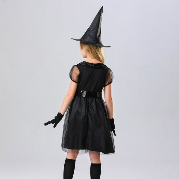 Odeerbi Girls Party Tulle Dress Set Little Girls Clothes Kids Halloween 2025 Fashion Witch Sorceress Clothing Dress Hat Set Black 6-7 Years