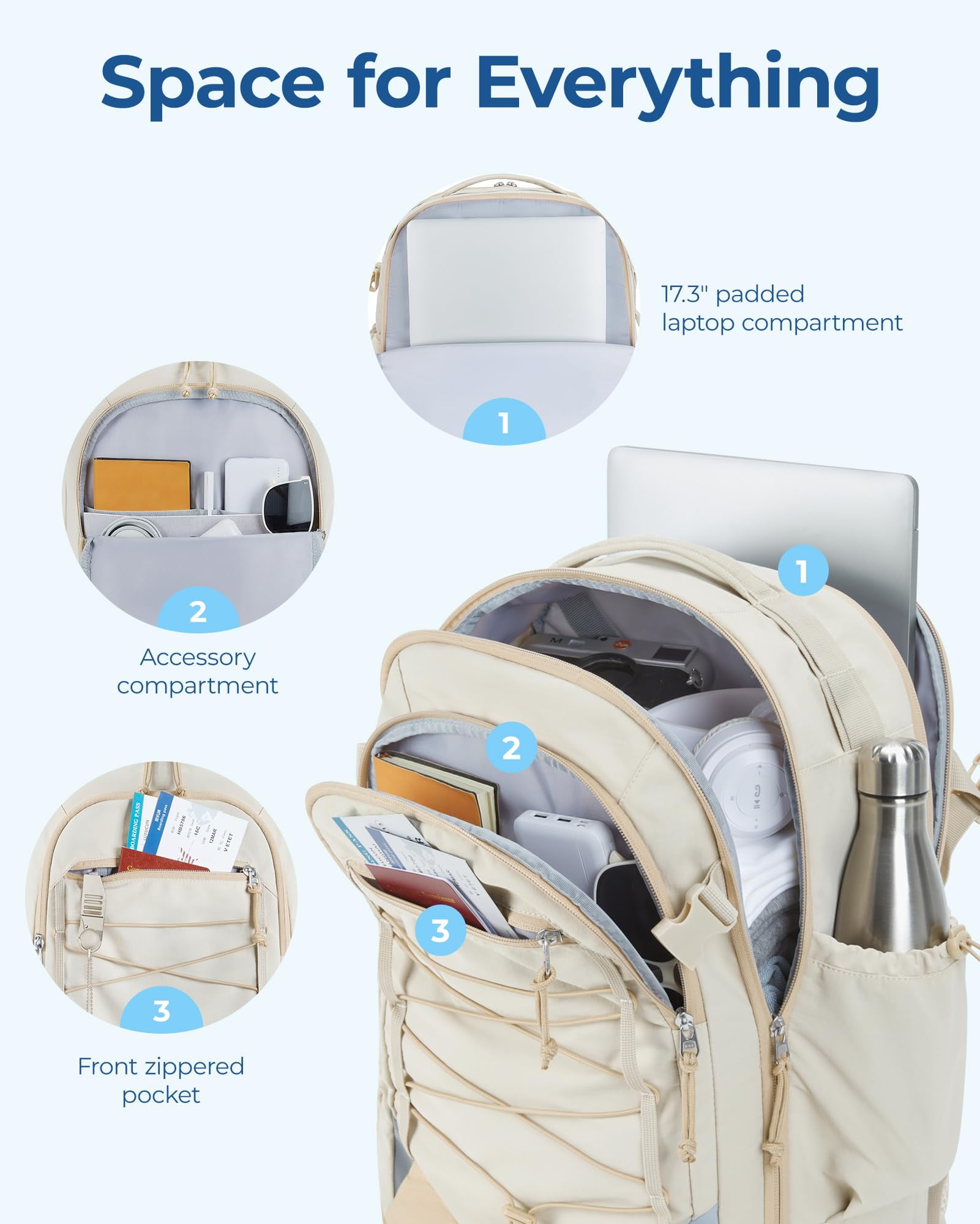 BAGSMART Carry On Travel Backpack, 17 Inch Large Travel backpack Carry On Flight Approved, Anti-theft Personal Item Backpack Travel Bag With Shoe Bag, 30L Water Resistant Casual Daypack, Cream