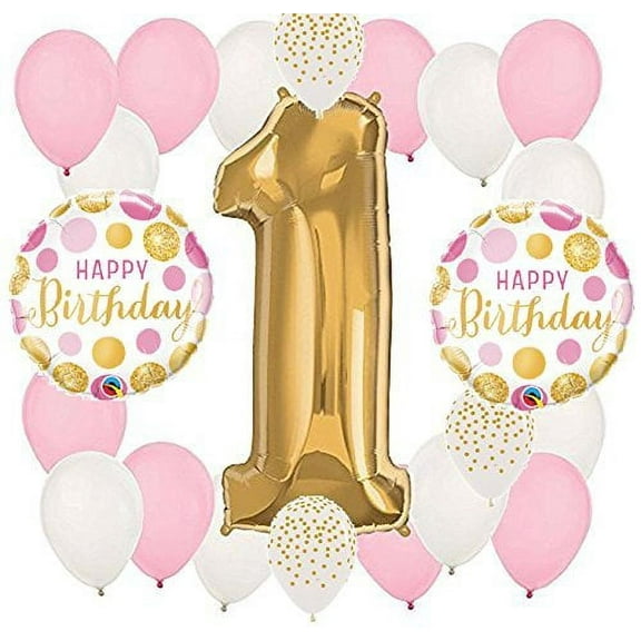 22 Piece Pearl Pink and Gold Polka Dots Confetti Dot Girl's Girl Number ONE #1 1st Happy Birthday Party Mylar & Latex Balloons Set