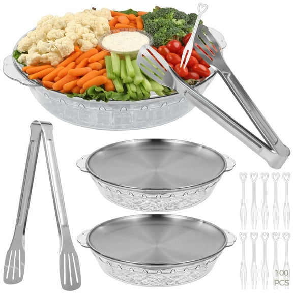 3 Set 11.8" Chilled Serving Tray for Parties,Round Iced Platter with Ice Underneath Stainless Steel Clip Fruit Fork Shrimp Cocktail Serving Dish for Fruit Seafood Vegetable Shrimp Cocktail