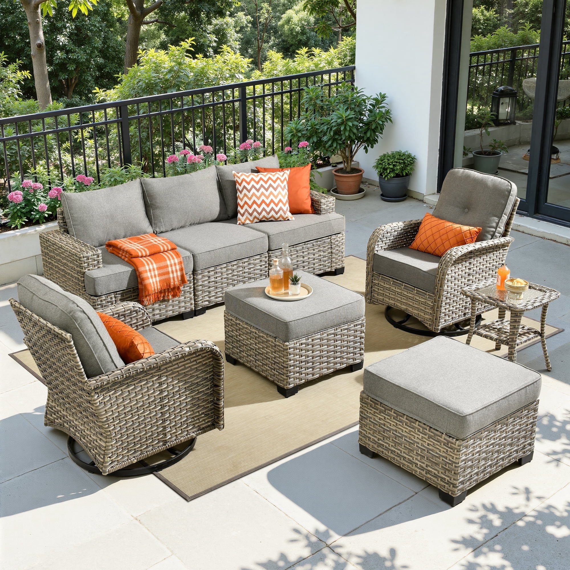 Toject 8 Pieces Patio Furniture Set, All Weather Wicker Patio Conversation Set with Swivel Chairs, Outdoor Furniture with Ottoman for Garden, Dark Gray