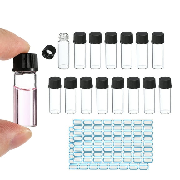 2ml Clear Glass Vials, 15 Pack Sample Vials with Screw Cap Reagent Media Bottle with Labels Leak-Proof Liquid Sample Glass Vial for Lab Laboratory