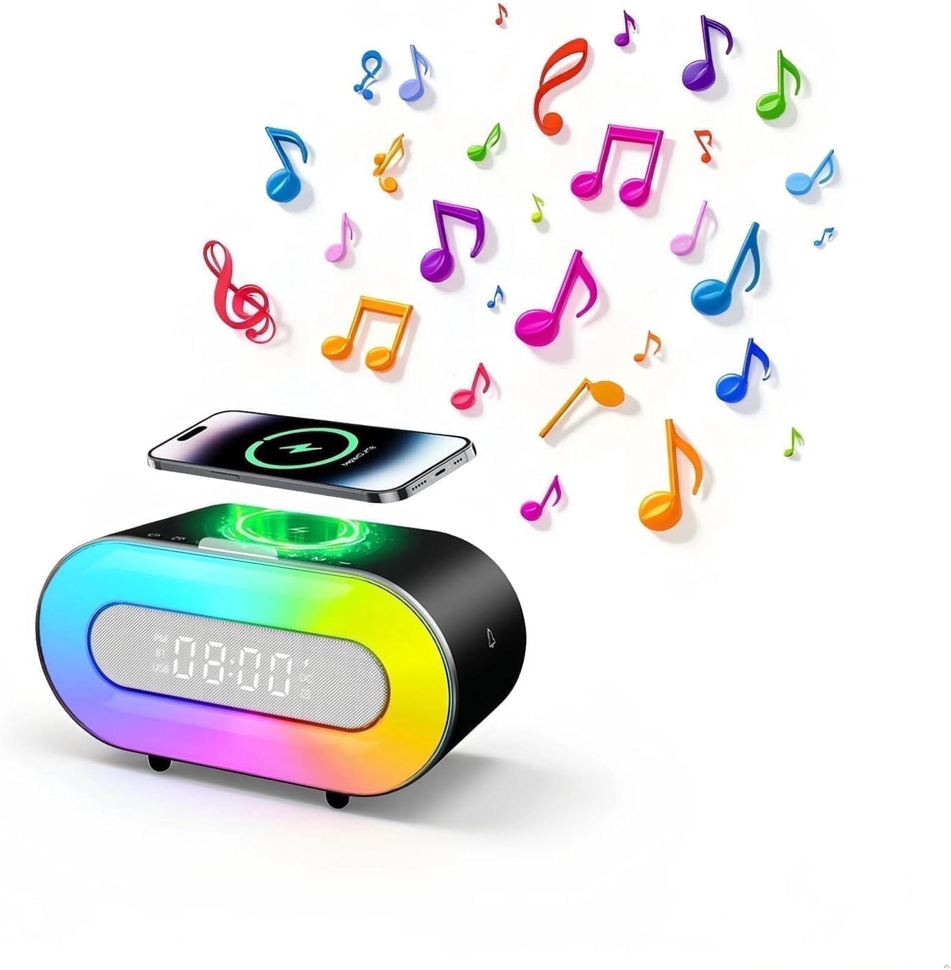 5 in 1 Portable Bluetooth Speaker with Dual Stereo Speakers, 9 Modes RGB LED Atmosphere Lights, 10W Wireless Charging Station with Phone Stand, Dimmable Clock, for Teen Boy Girl Trendy Stuff Gift