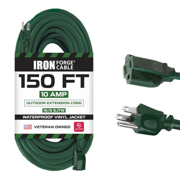 Iron Forge Cable Weatherproof 150 Ft Outdoor Extension Cord - 16/3 SJTW Heavy Duty Green Extension Cord 3 Prong - 10 Amp Exterior Power Cable