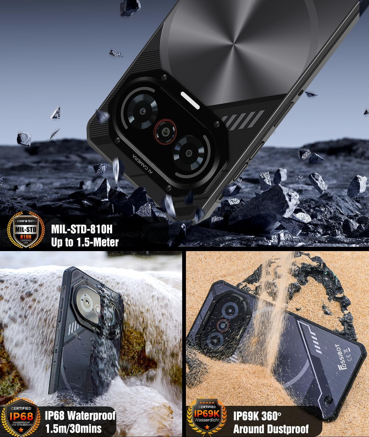FOSSIBOT F114 Rugged Smartphone Unlocked Android 15 6.67-inch 120Hz Ultra Display 16GB+128GB/2TB Rugged phone 50MP AI Camera 5000mAh Dual SIM/OTG/NFC