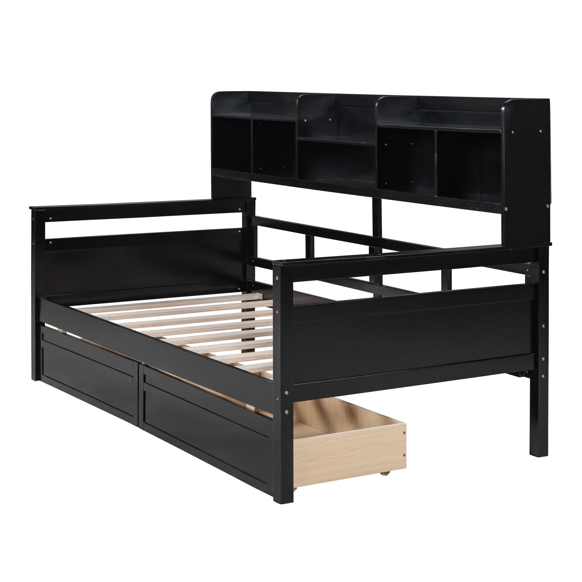 Euroco Wood Twin Size Platform Bed with 2 Drawers, Captain Bed with Storage Shelves, Espresso