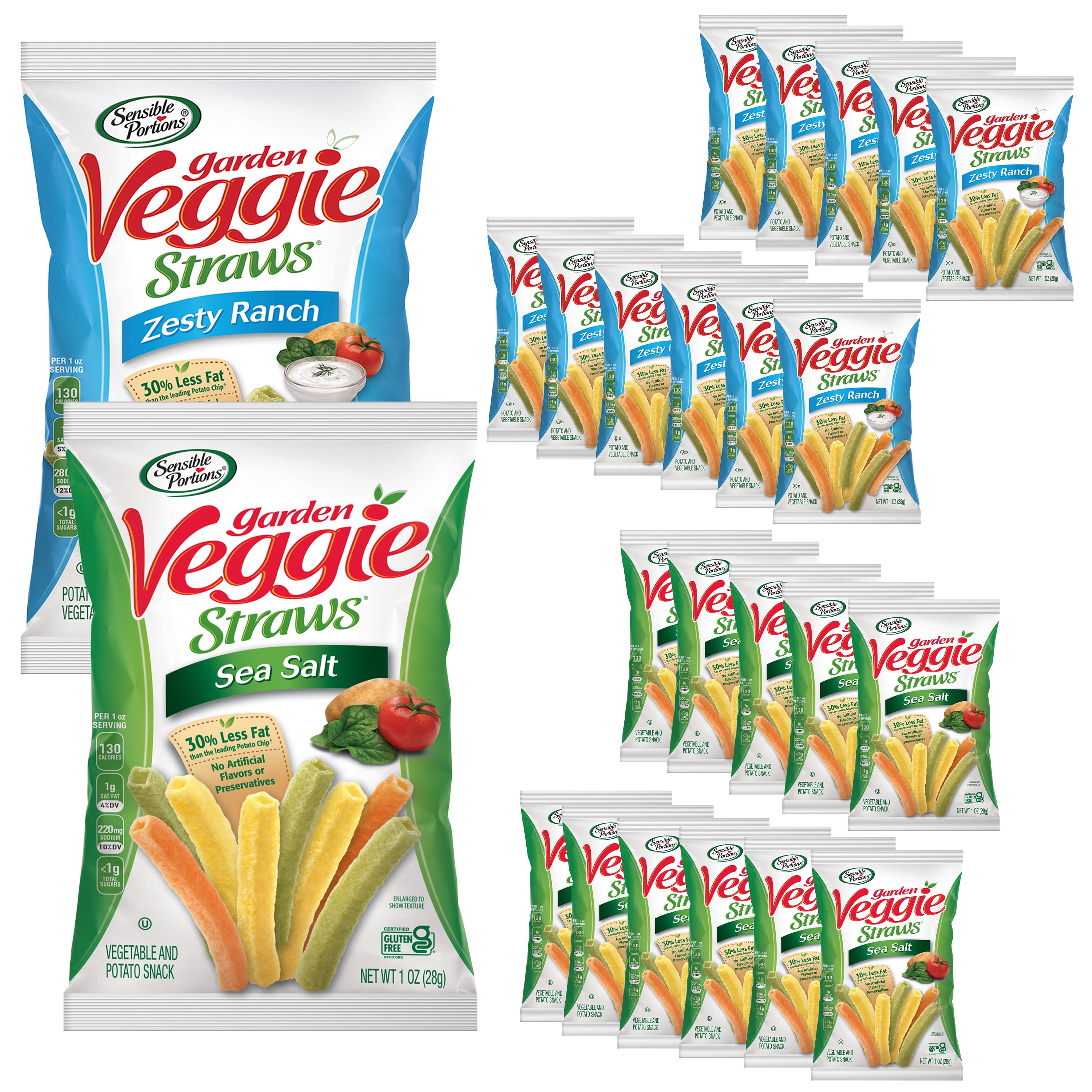 Sensible Portions Garden Veggie Straws Ranch & Sea Salt Multipack, 1 oz Snack Bag, 24 Count