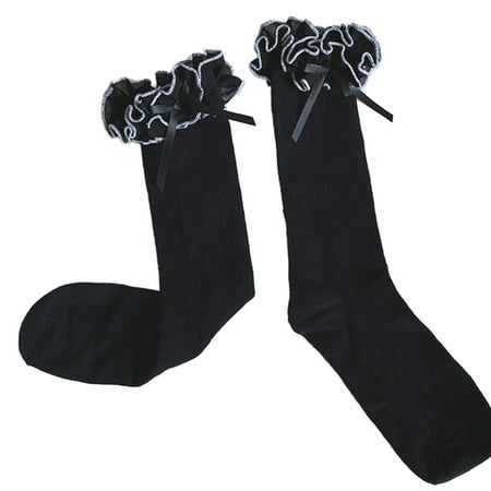 

Women Lolita Contrast Color Frilly Ruffled Knee High Socks Harajuku Kawaii Student Ribbon Bow Elegant Tube Stockings