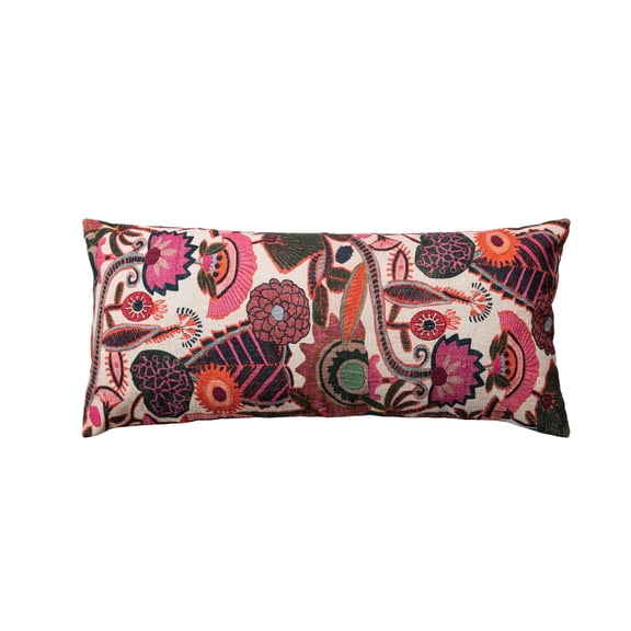 Creative Co-Op Cotton Slub Embroidered Lumbar Pillow with Florals and Chambray Back, Multicolor