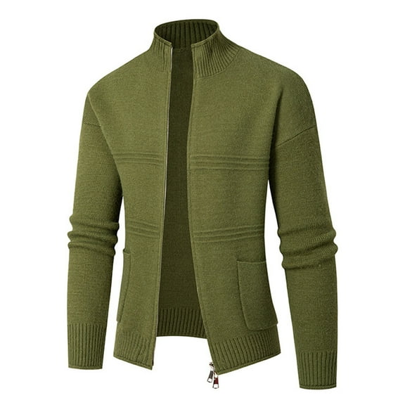 Men's Full Zip Cardigan Sweater Slim Fit Stand Collar Warm Casual Cable Knitted Jackets Coat Winter Pockets Outerwear (Army Green 2XL)