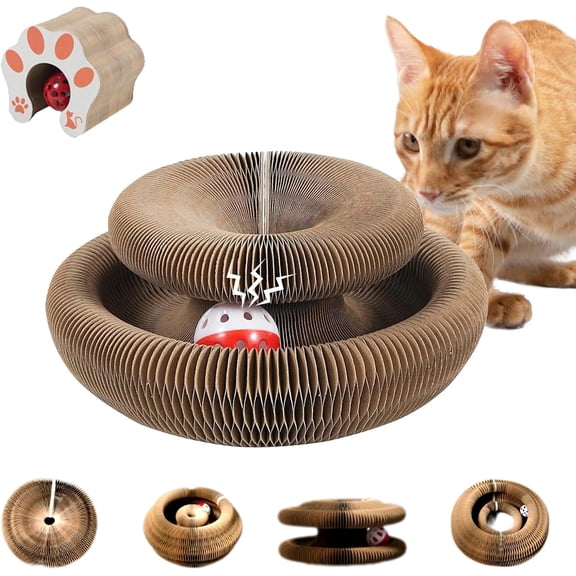 1 Pack Cat Scratcher Toy with Balls Bells, Magic Organ Foldable Cat Scratching Board for Kitten, Interactive Toys for Indoor Adult Cats Exercise Anxiety Relief, Auburn