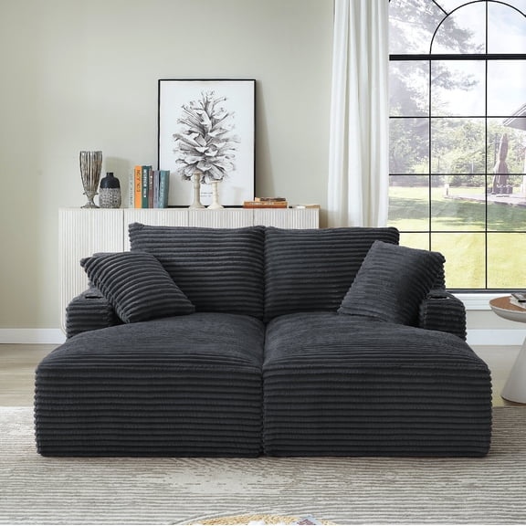 Compressible Double Chaise Lounge Sofa Couch with Cup Holders, Fluffy Modern Slee Loveseat with Storage Pockets and Free Combination for Living Room, No Assembly Required,Dark Grey