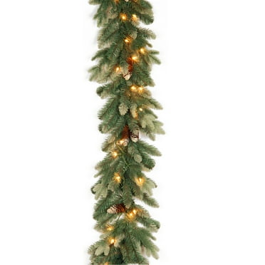 National Tree Company Pre-Lit Feel Real® Artificial Christmas Garland, Green,  Copenhagen Spruce, Flocked Pine Cones, 50 Clear Lights, 9 Feet