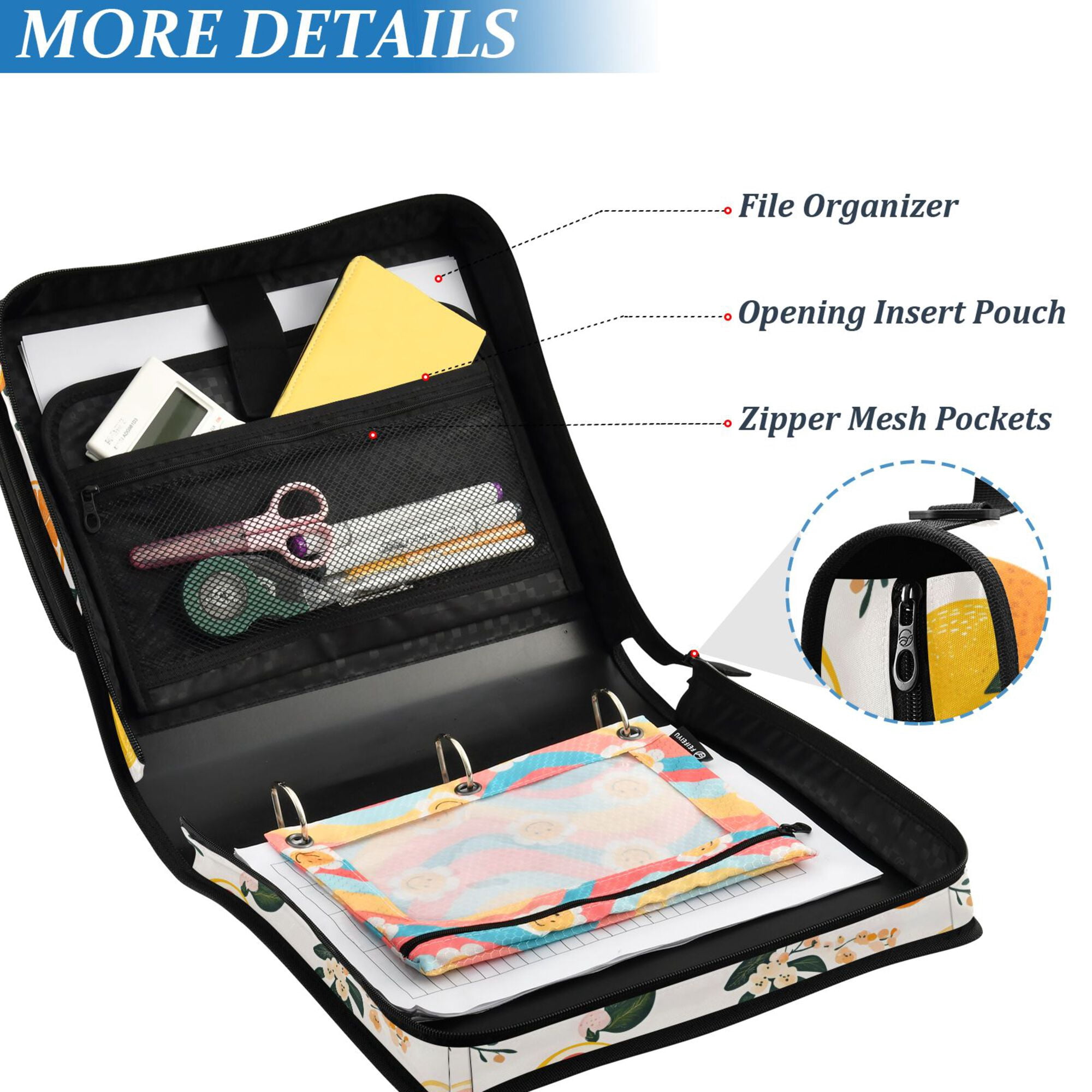 FORMRS Zipper Binder with Shoulder Strap 2-inch Ring 500 Sheet Capacity File Bag, Orange Slices