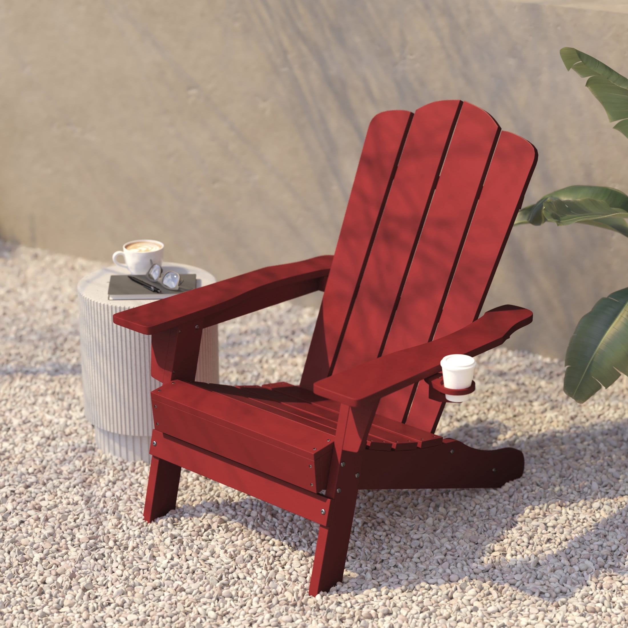 Flash Furniture Newport Adirondack Chair with Cup Holder, Weather Resistant HDPE Adirondack Chair in Red