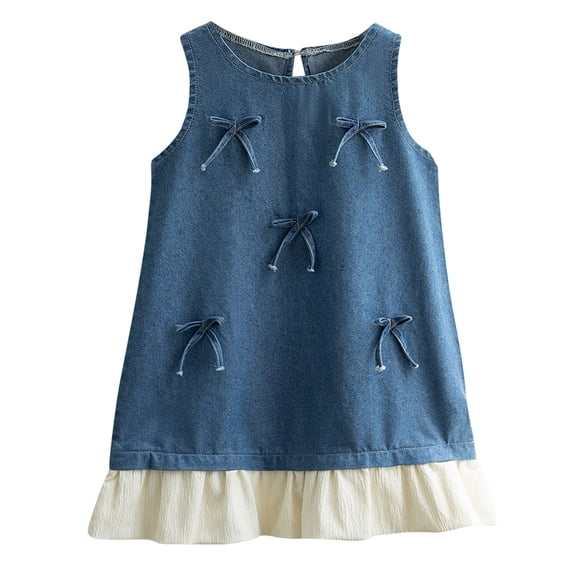 YDFCWXW Toddler Girls Sleeveless Denim Dress Kids Bow A-line Sundress Ruffle Hem Casual Summer Dress for Girls 2-7Y (Blue, 3-4 Years)